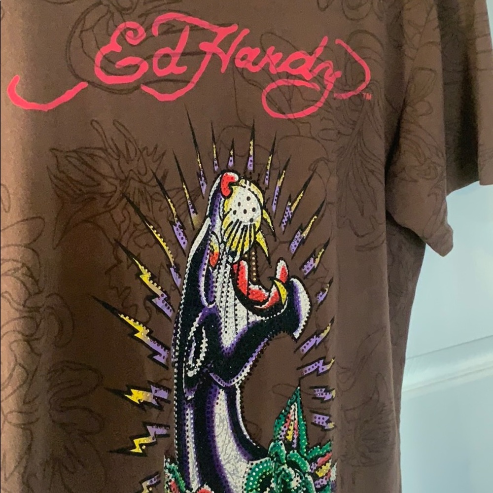 Vintage Ed Hardy Y2K Panther & Rose  sequined T-Shirt - Picture 3 of 9